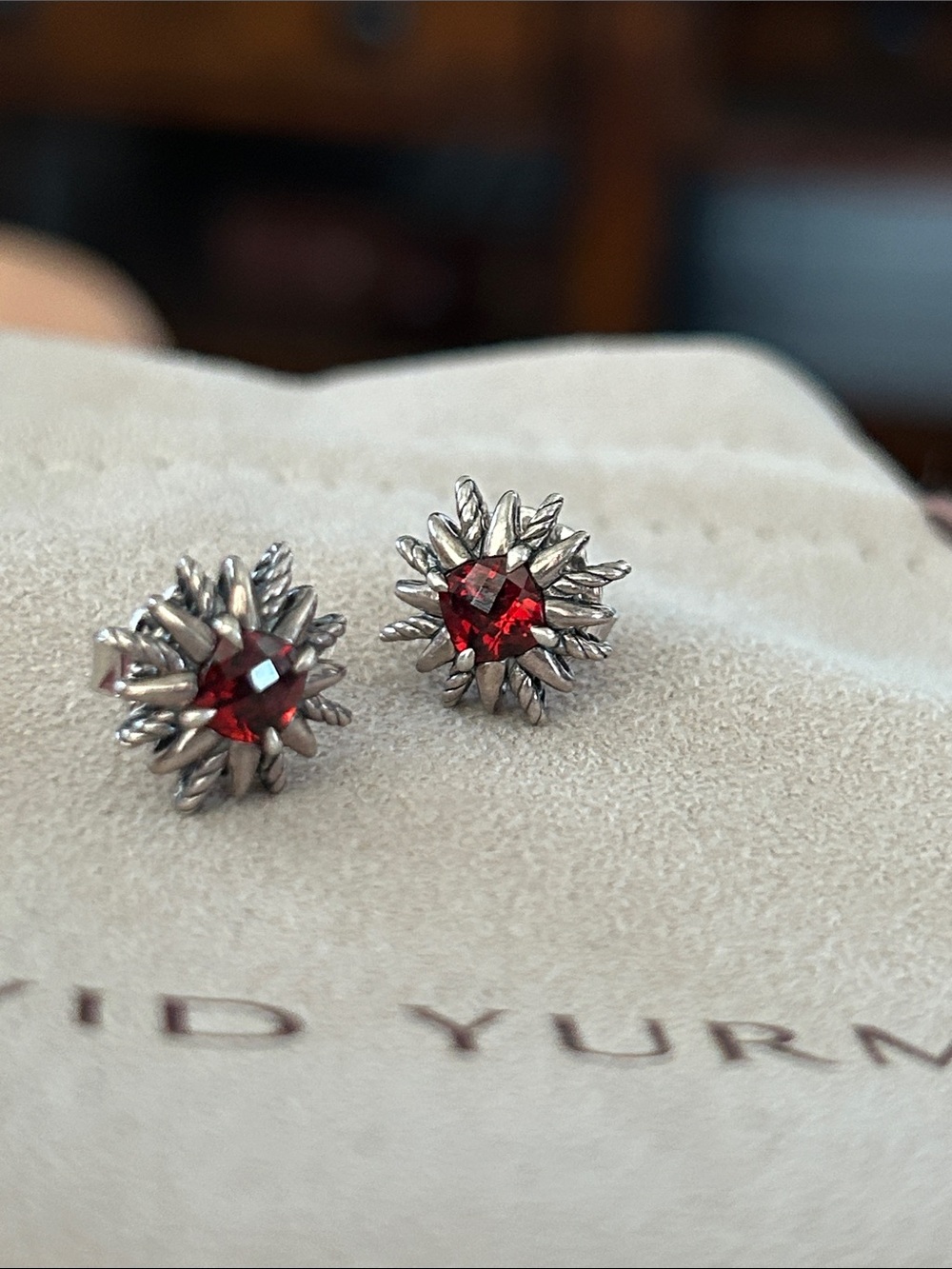David Yurman Silver Starburst Earrings with Red Gem Centers